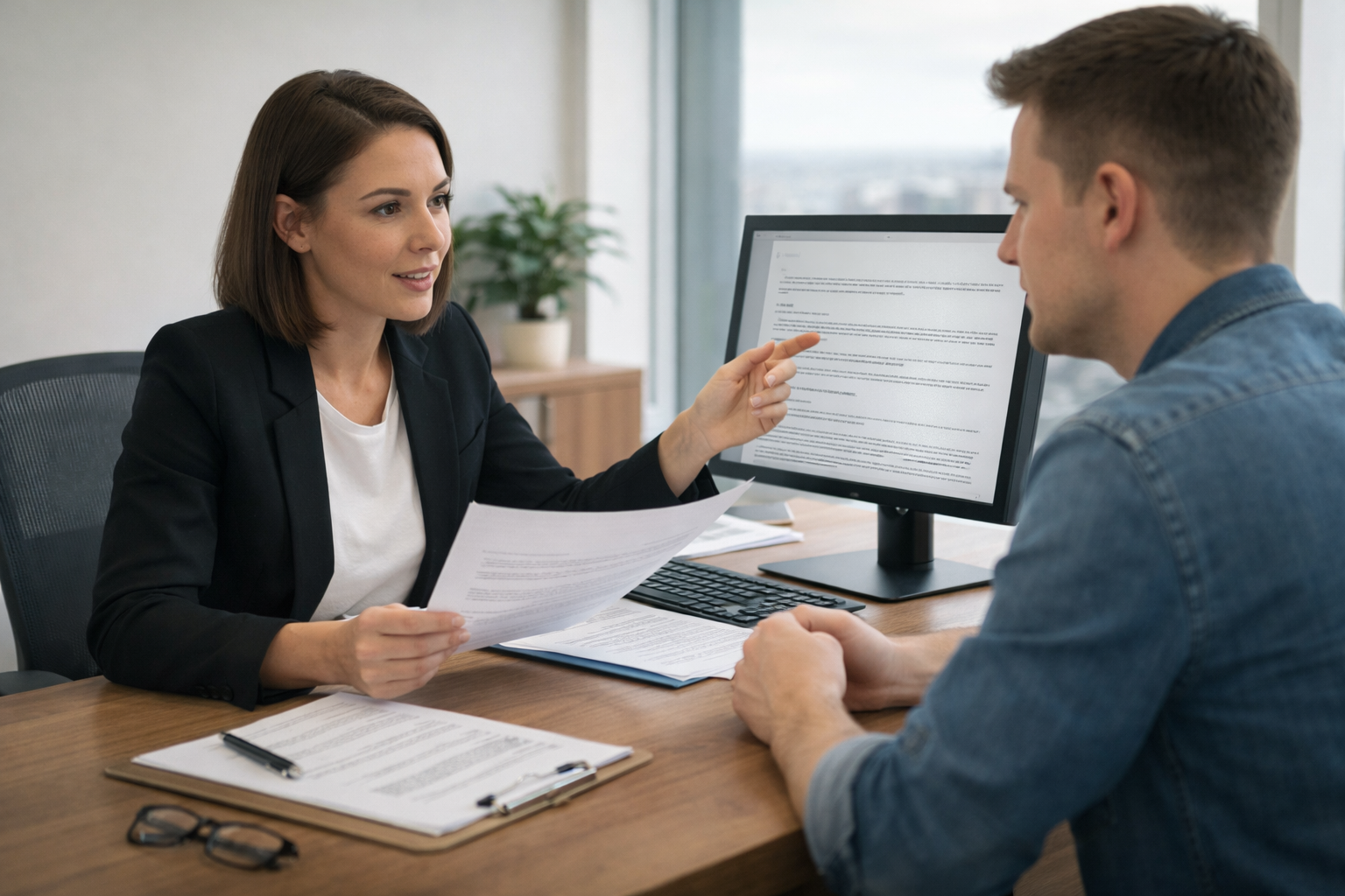 Consultant advising client on appeal for Australian visa refusal in office