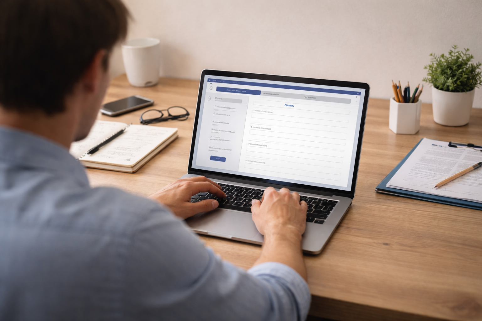 person completing SkillSelect Australia application on laptop with documents and workspace setup