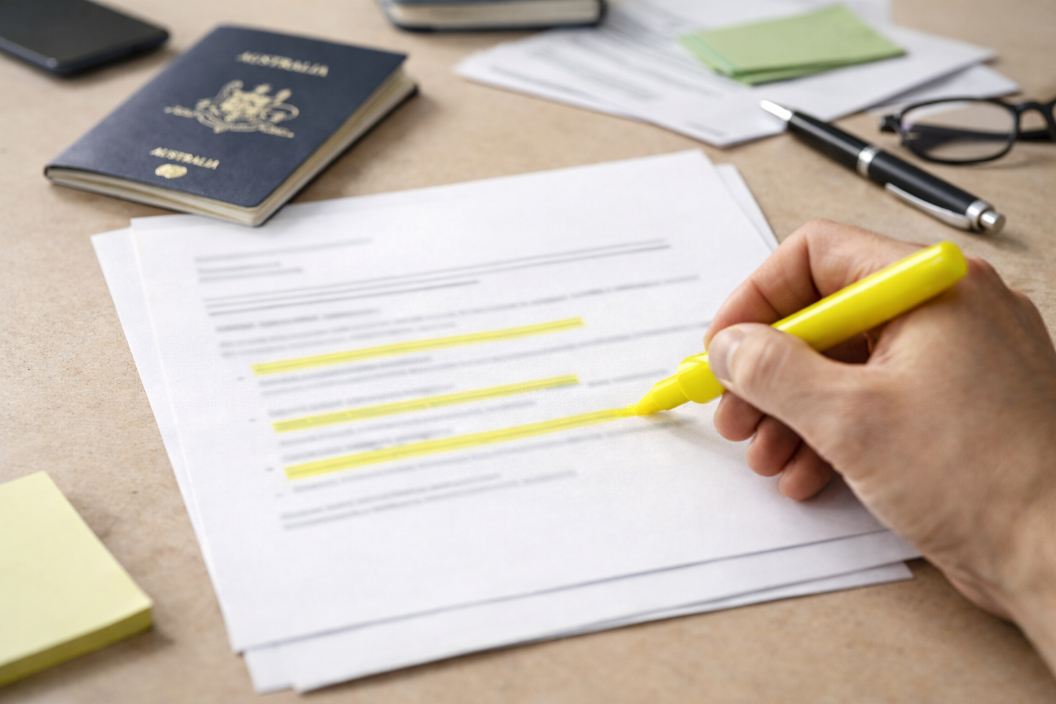 Person highlighting visa document on beige desk with Australian passport and paperwork nearby. Australian visa conditions
