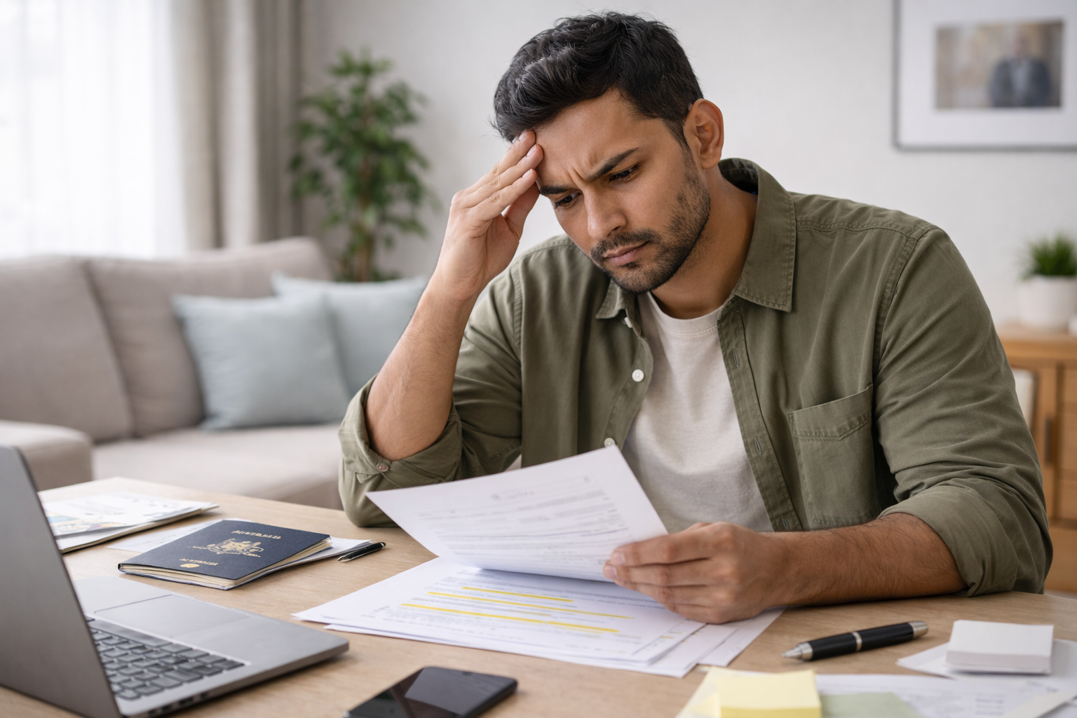 man reviewing visa documents at desk with concerned expression, Australian passport and paperwork nearby.Breaching-Visa-Conditions-in-Australia