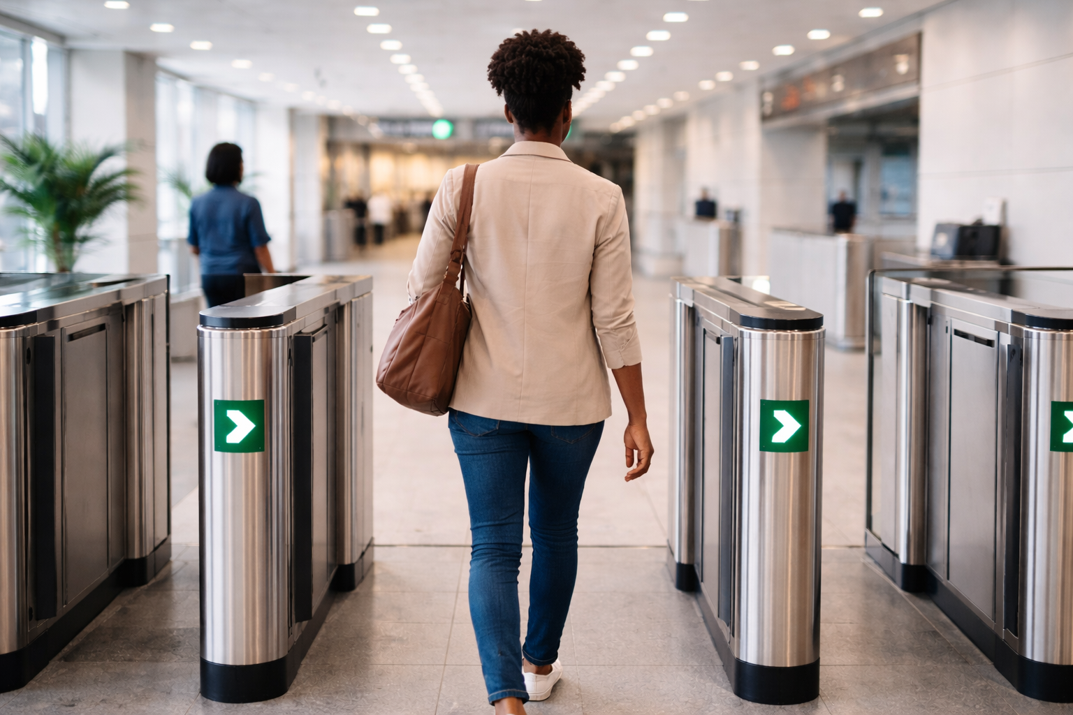 woman walking through security gates, symbolizing how to check visa conditions in Australia and stay compliant