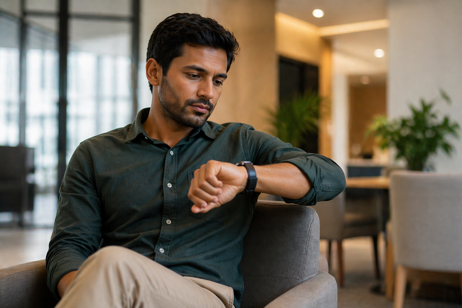 man sitting in a modern indoor space checking his watch, representing visa delayed in Australia and waiting for updates
