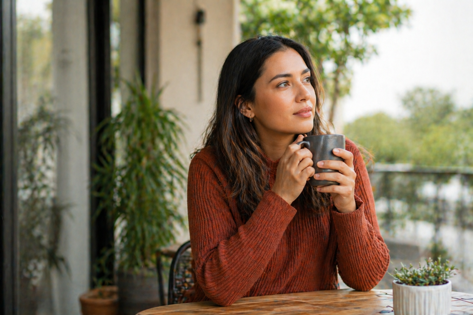 Woman holding a coffee and thinking in a café, representing how much funds are needed for an Australian visa and financial planning