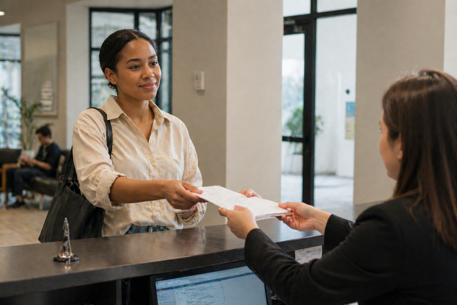 Woman handing over documents at a service counter, representing how to show proof of funds for an Australian visa and proper document submission