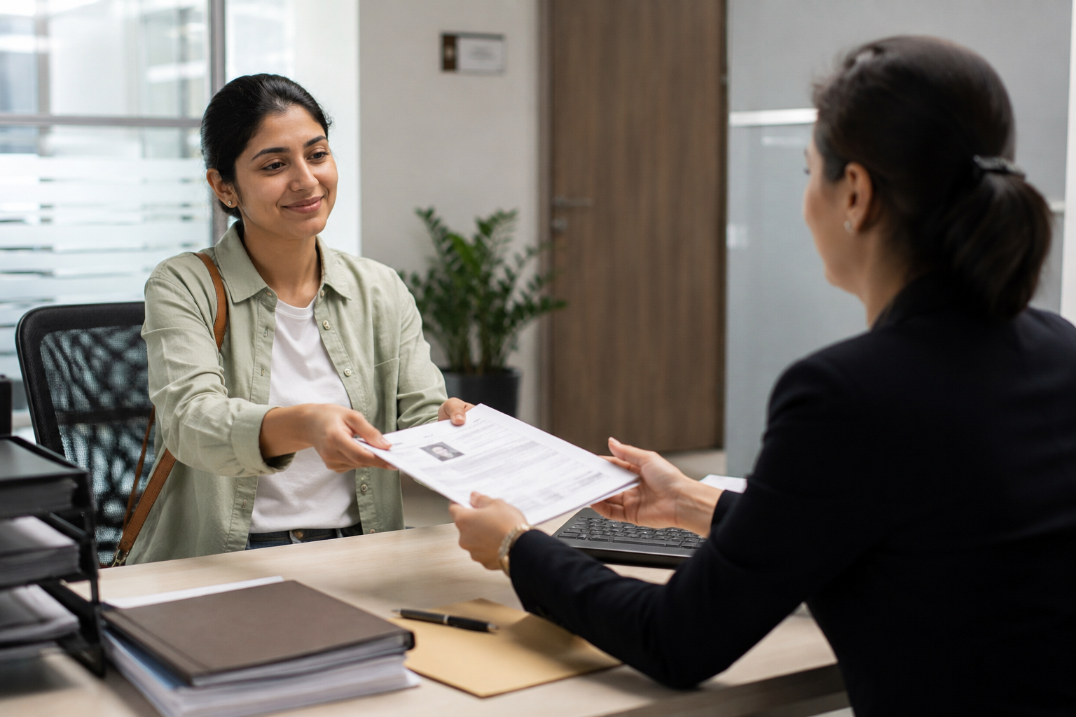 Applicant handing over certified copies for an Australian visa application in a professional office setting