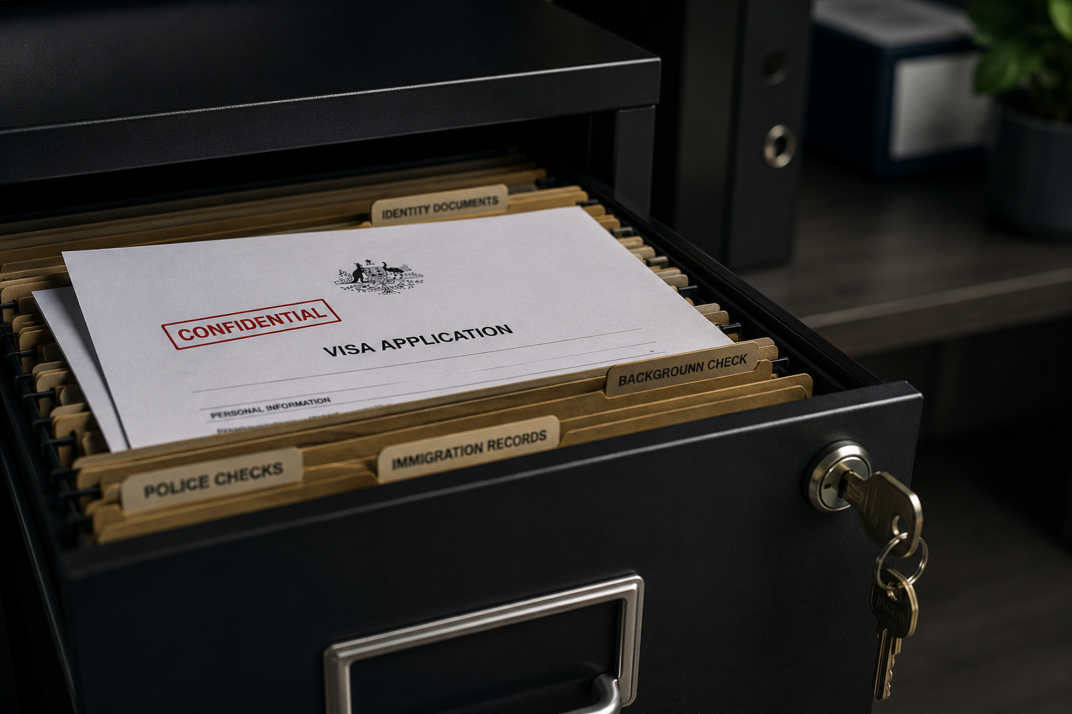 Locked filing cabinet containing confidential visa paperwork and police check records representing character requirements for Australian visas in 2026