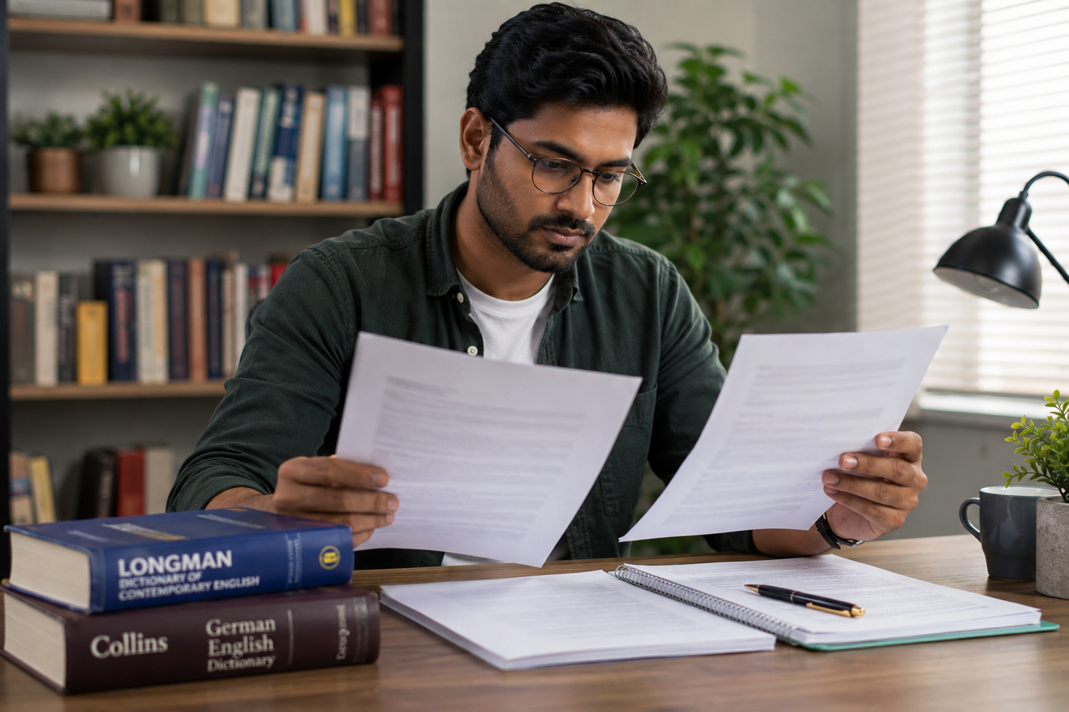 Man reviewing translated paperwork with bilingual dictionaries while preparing to translate documents for an Australian visa correctly