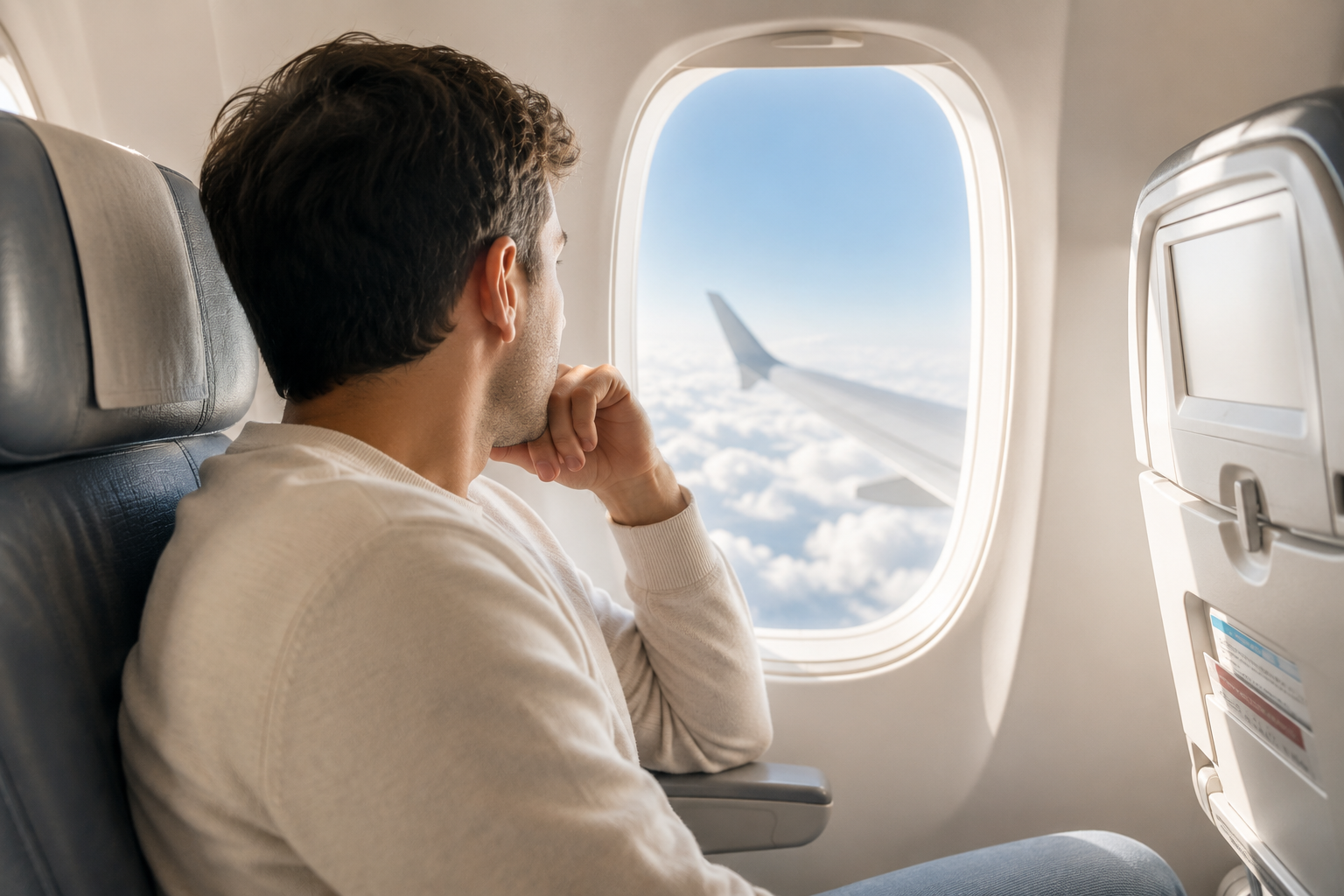 Person looking out an airplane window, representing uncertainty and future decisions after a cancelled visa in Australia.