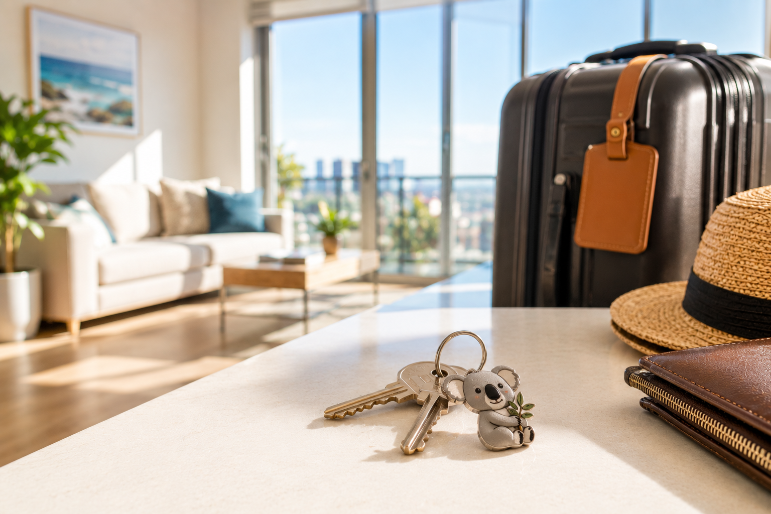 House keys with a koala keychain beside travel belongings in an apartment, representing visa cancellation and its impact on life in Australia.