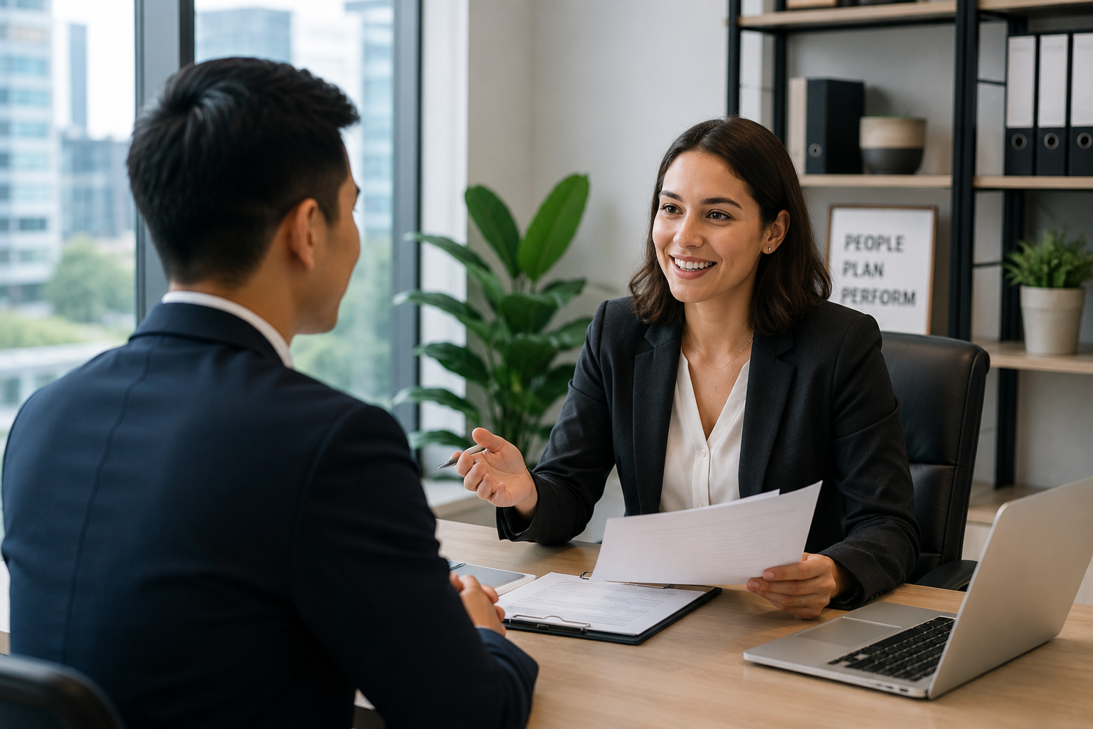 Business interview in progress between an employer and a skilled professional, representing job offer requirements for moving to Australia.