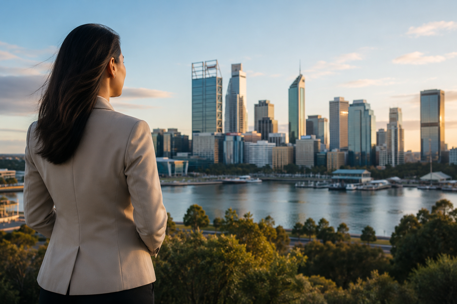 Confident professional overlooking a modern Australian city skyline, representing skilled migration opportunities and career pathways in Australia.