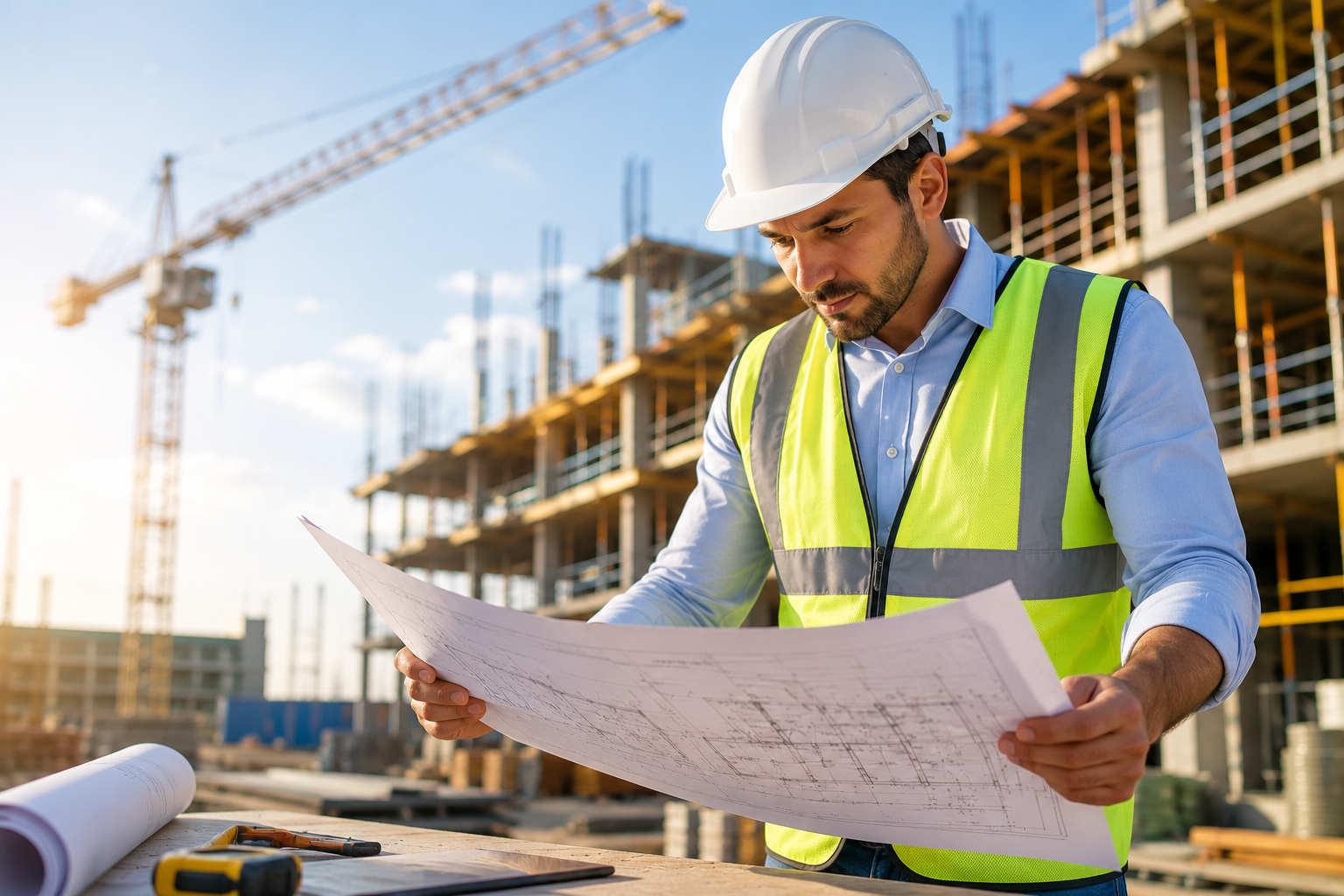 Construction engineer reviewing blueprints at an active building site, representing Australia's Skills in Demand Visa pathway for employer-sponsored skilled workers.