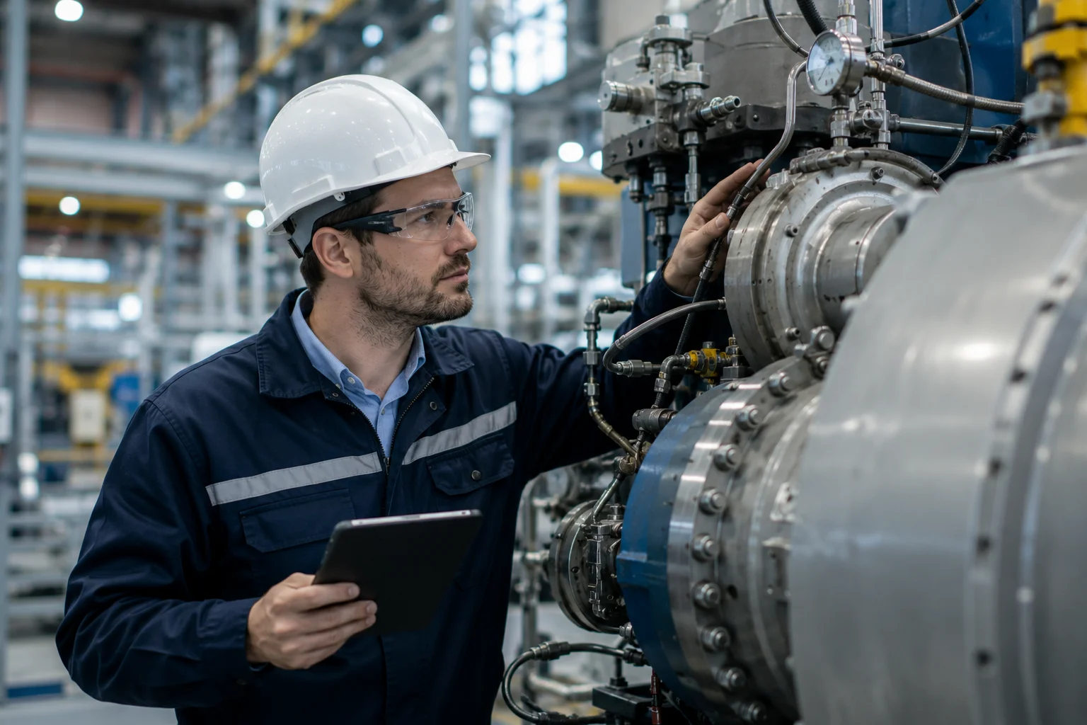 Specialist inspecting industrial equipment, representing short-term specialised work under the Subclass 400 visa in Australia.