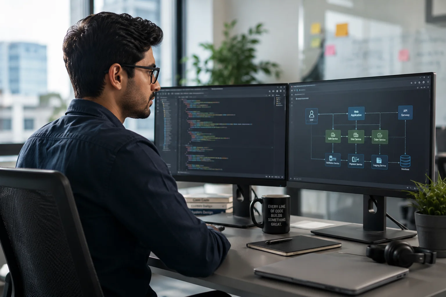 Software engineer working at a dual-monitor workstation, representing the ACS skills assessment process for skilled migration to Australia