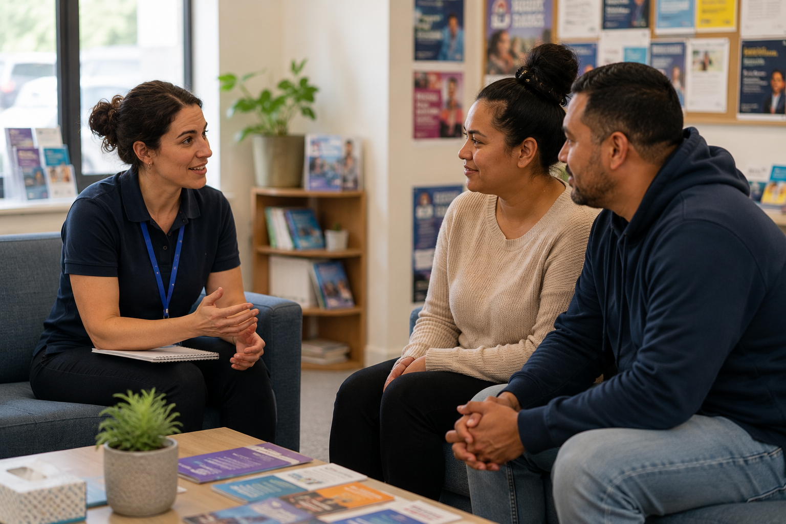 Community worker speaking with a family in a support setting, representing the ACWA skills assessment for Australian skilled migration.
