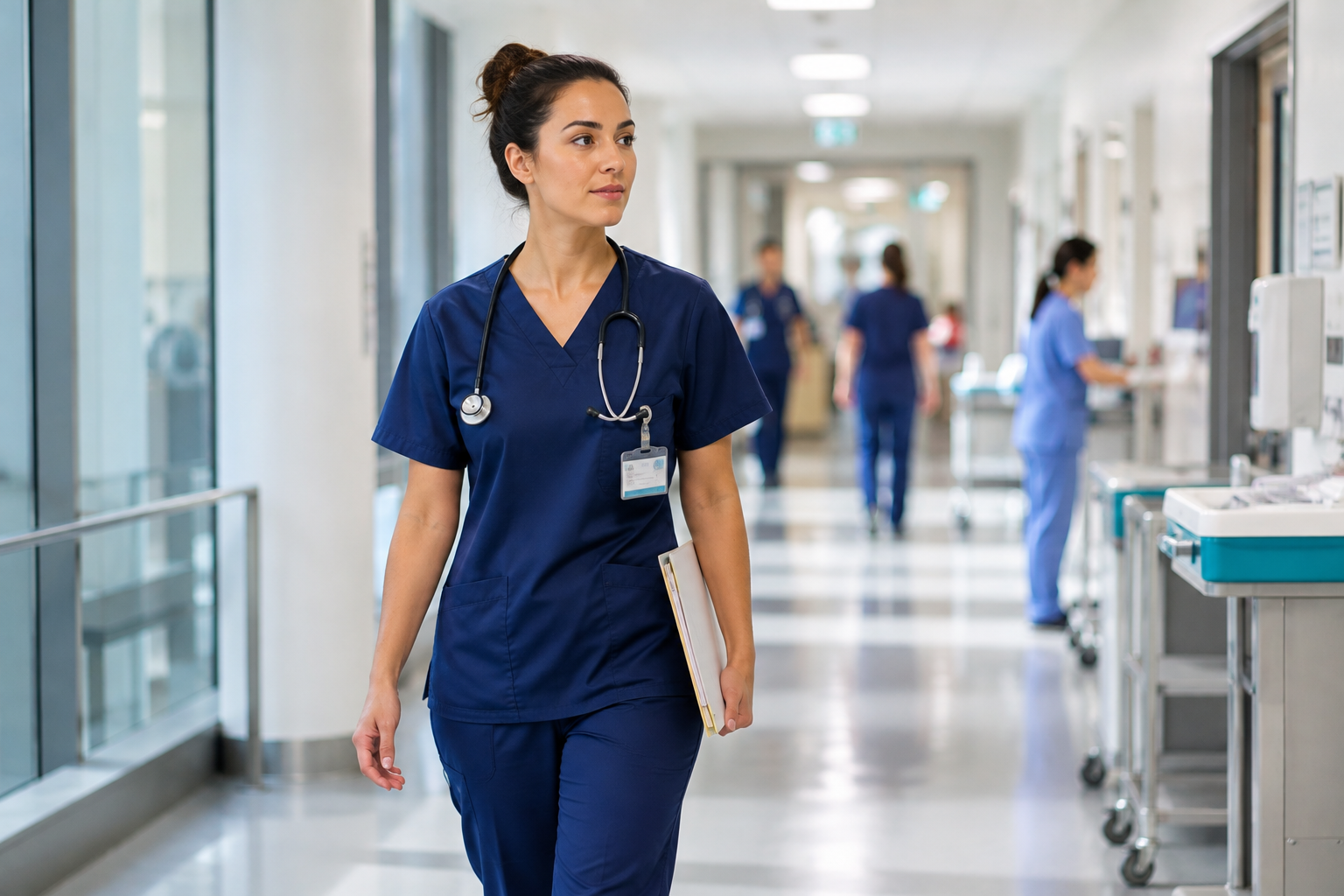 Nurse walking through a modern hospital corridor, representing the ANMAC skills assessment process for nurses migrating to Australia.
