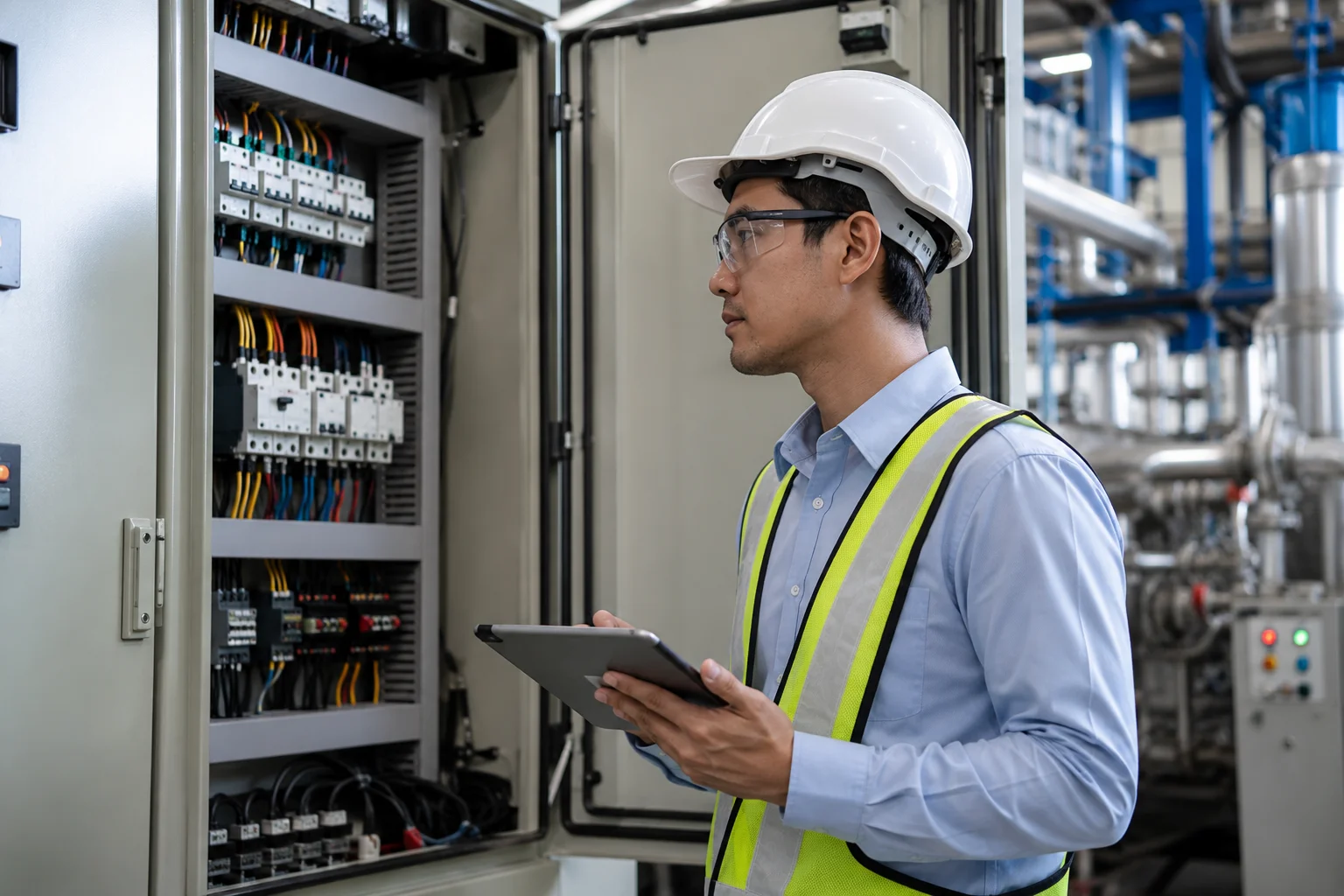 Electrical engineer inspecting industrial control equipment in a modern manufacturing facility, representing the Engineers Australia skills assessment process for skilled migration to Australia.