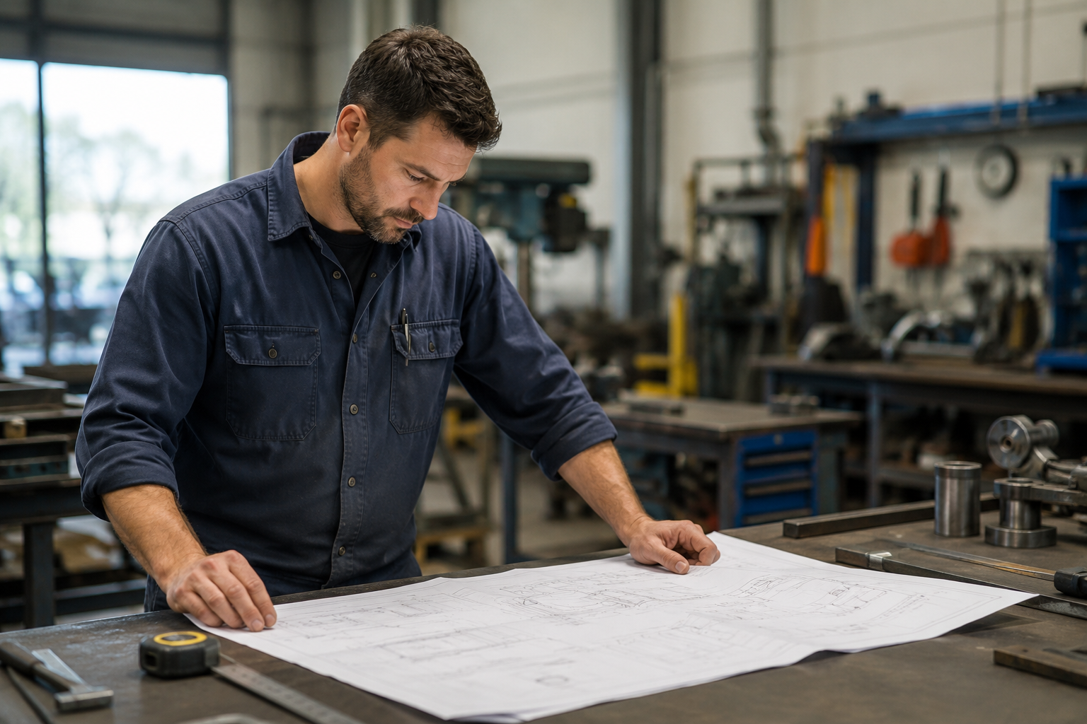 Skilled tradesperson reviewing technical plans in a workshop, representing the TRA skills assessment process for skilled migration to Australia.