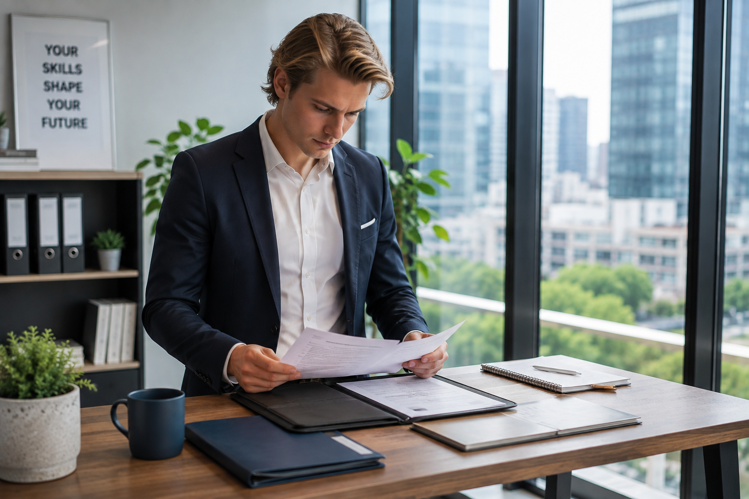 Professional reviewing qualification and employment documents at a standing table in a modern office, representing the VETASSESS skills assessment process for skilled migration to Australia.