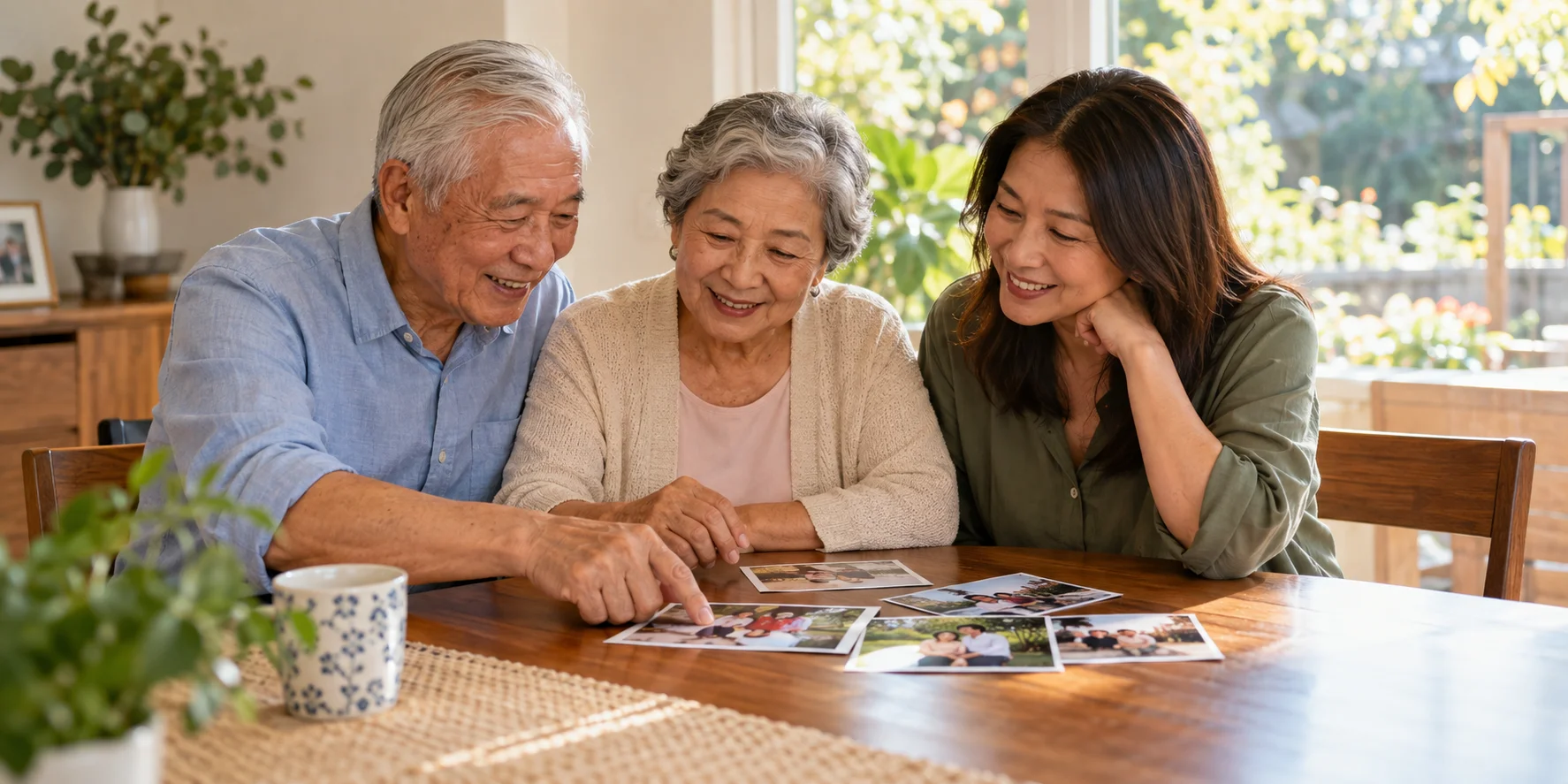 Older couple reviewing family photographs with their adult daughter at home, illustrating the aged parent visa subclass 804.