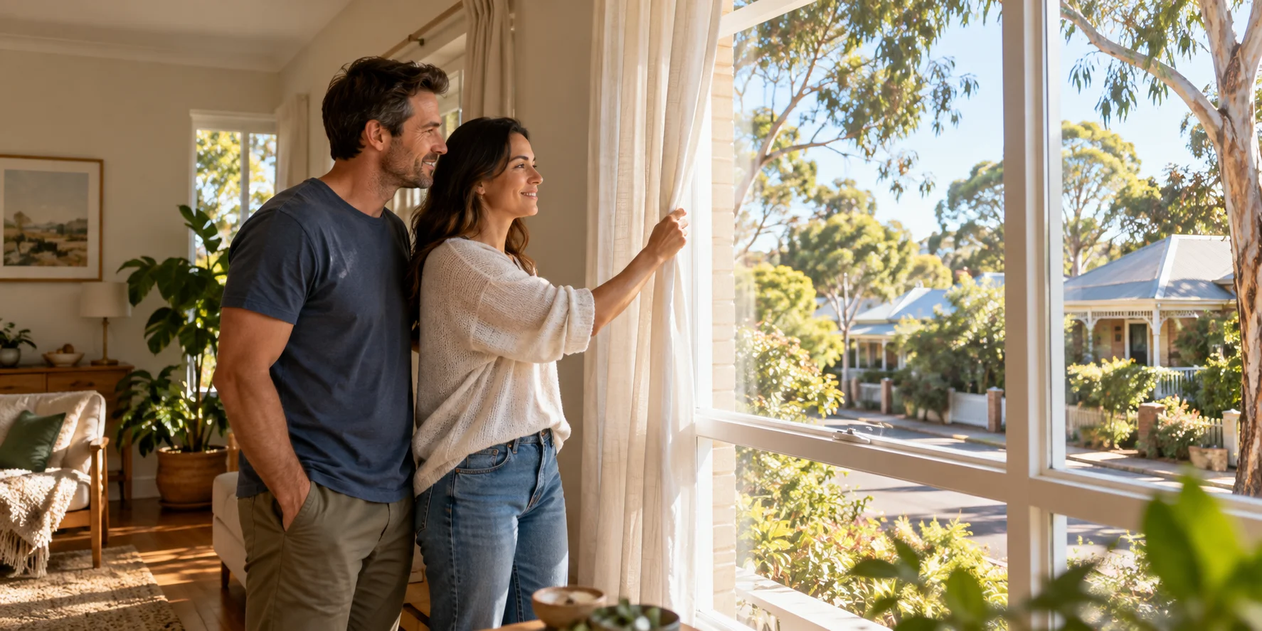New Zealand couple looking out over an Australian neighbourhood from their home, illustrating the Special Category Visa (Subclass 444).