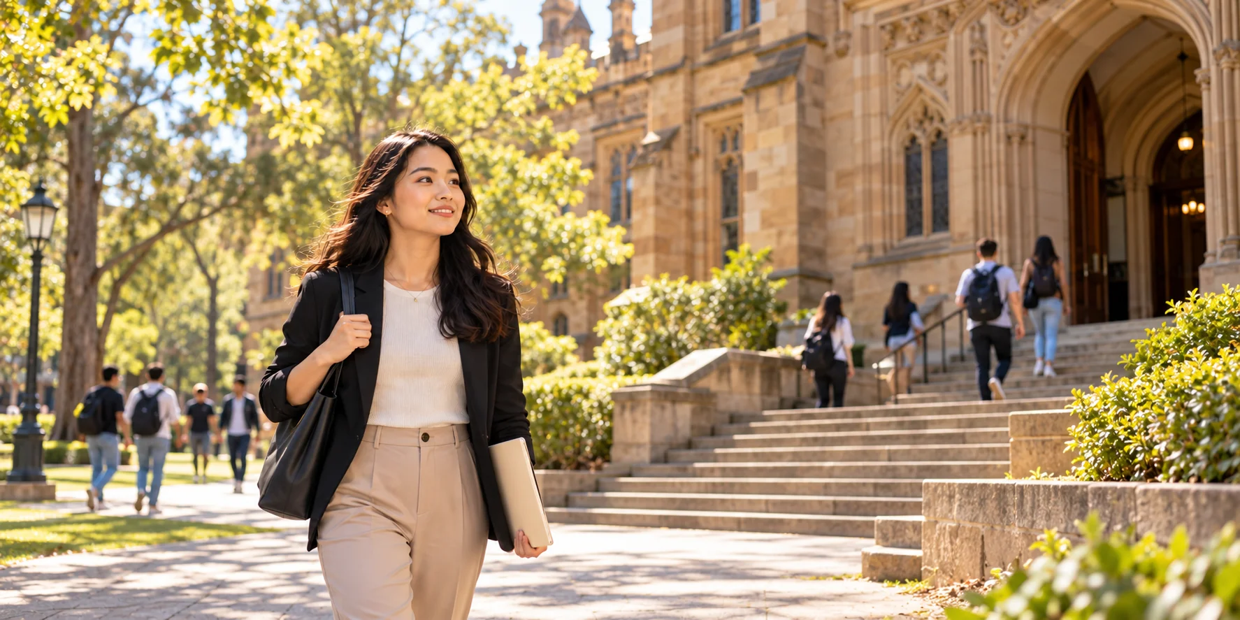 Recent graduate leaving a sunlit Australian university campus with a folder, illustrating the temporary graduate visa subclass 485.