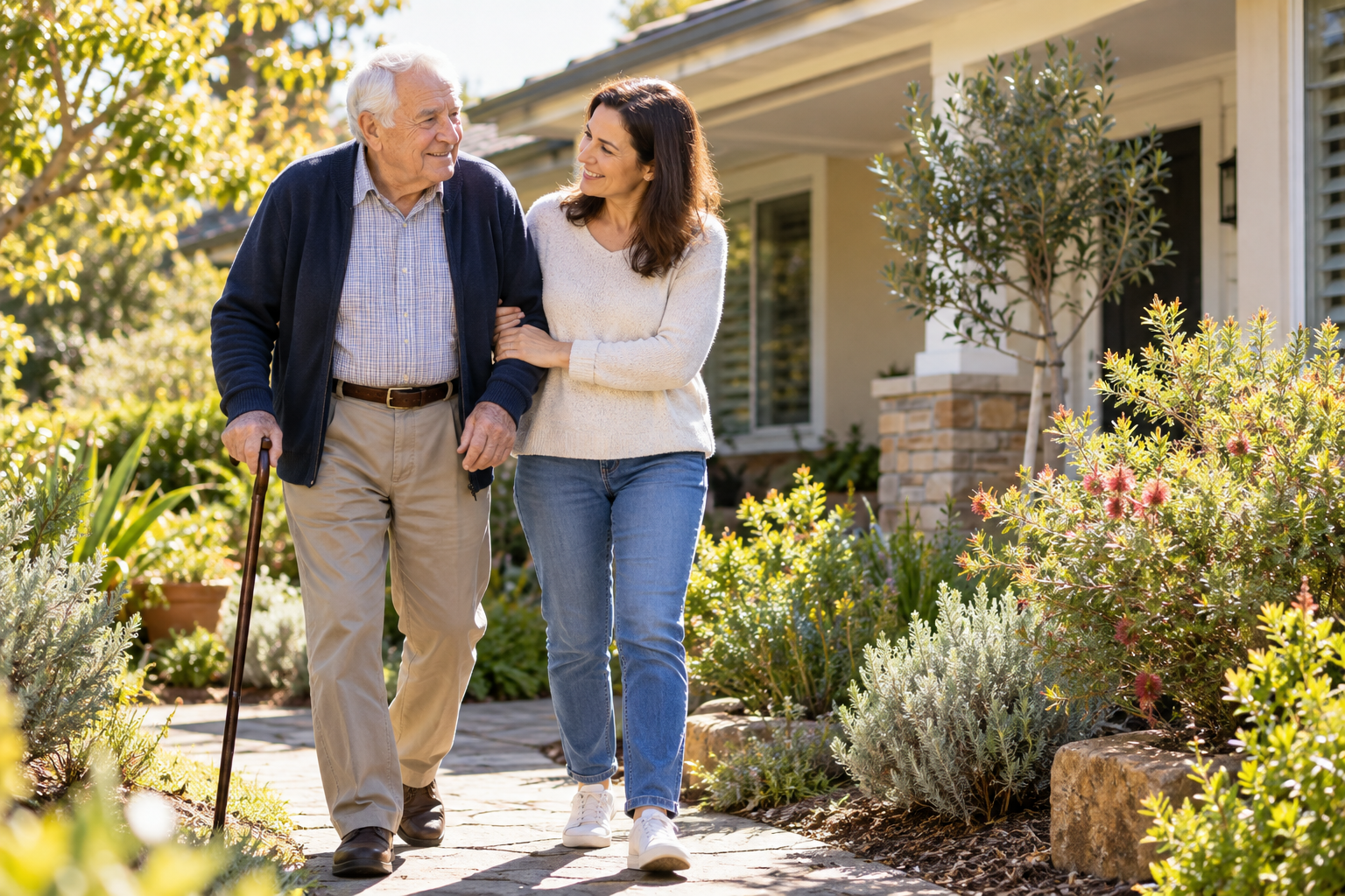 Adult daughter supporting her father in a sunlit home garden, illustrating the Carer visa Australia pathway.